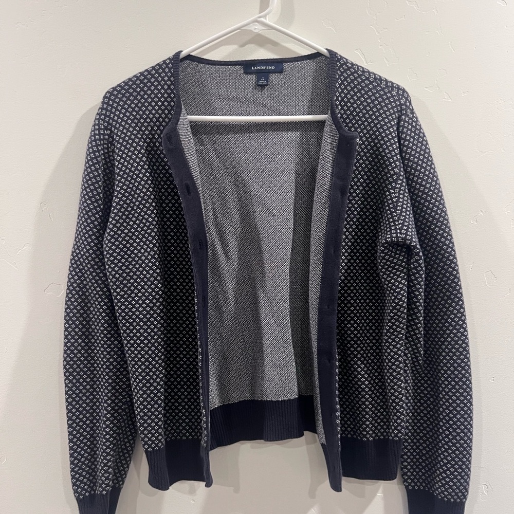 Lands' End Women's Navy and White Patterned Cardigan